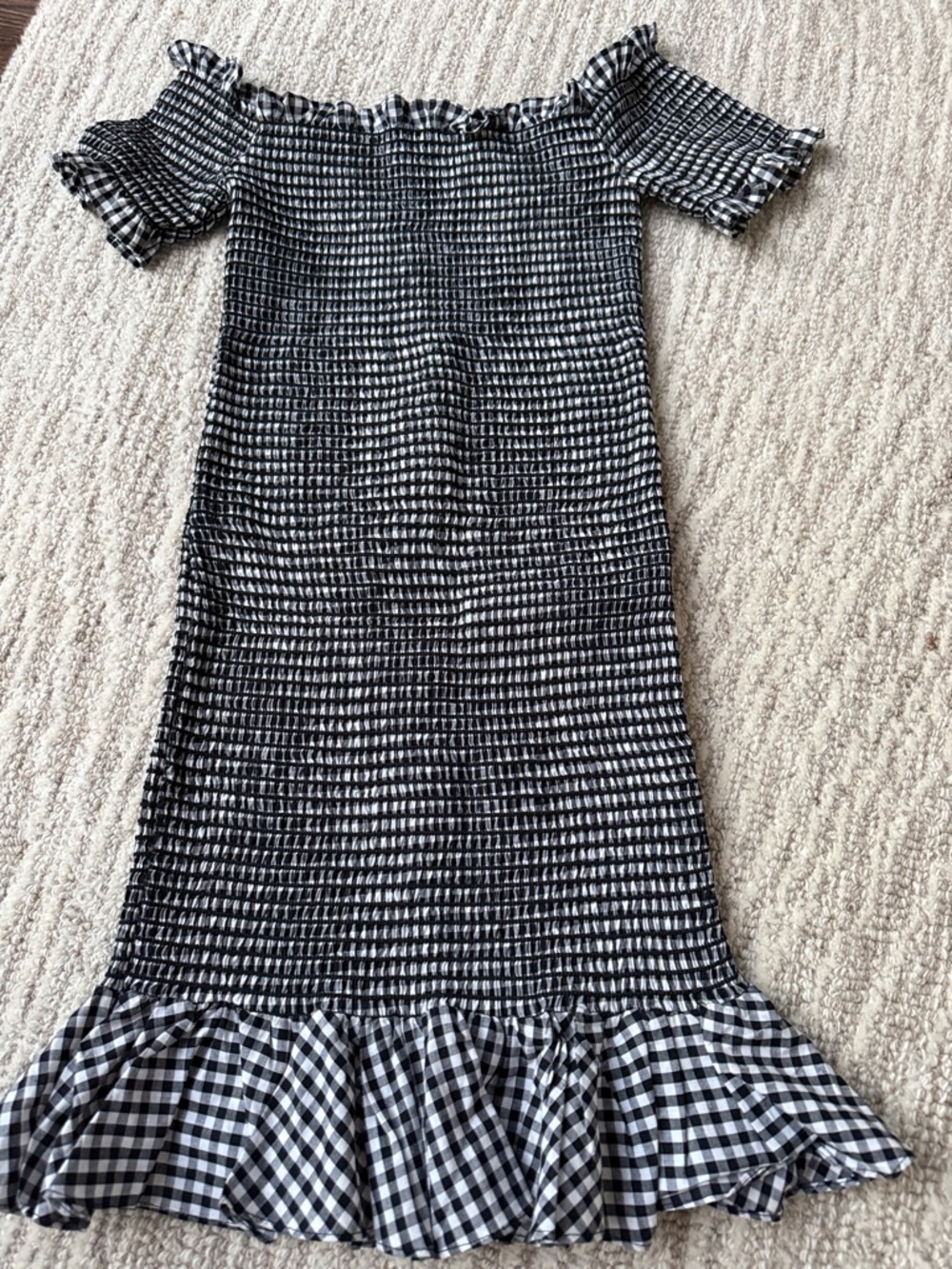 Wayf Black and White Gingham Off-Shoulder Mini Dress